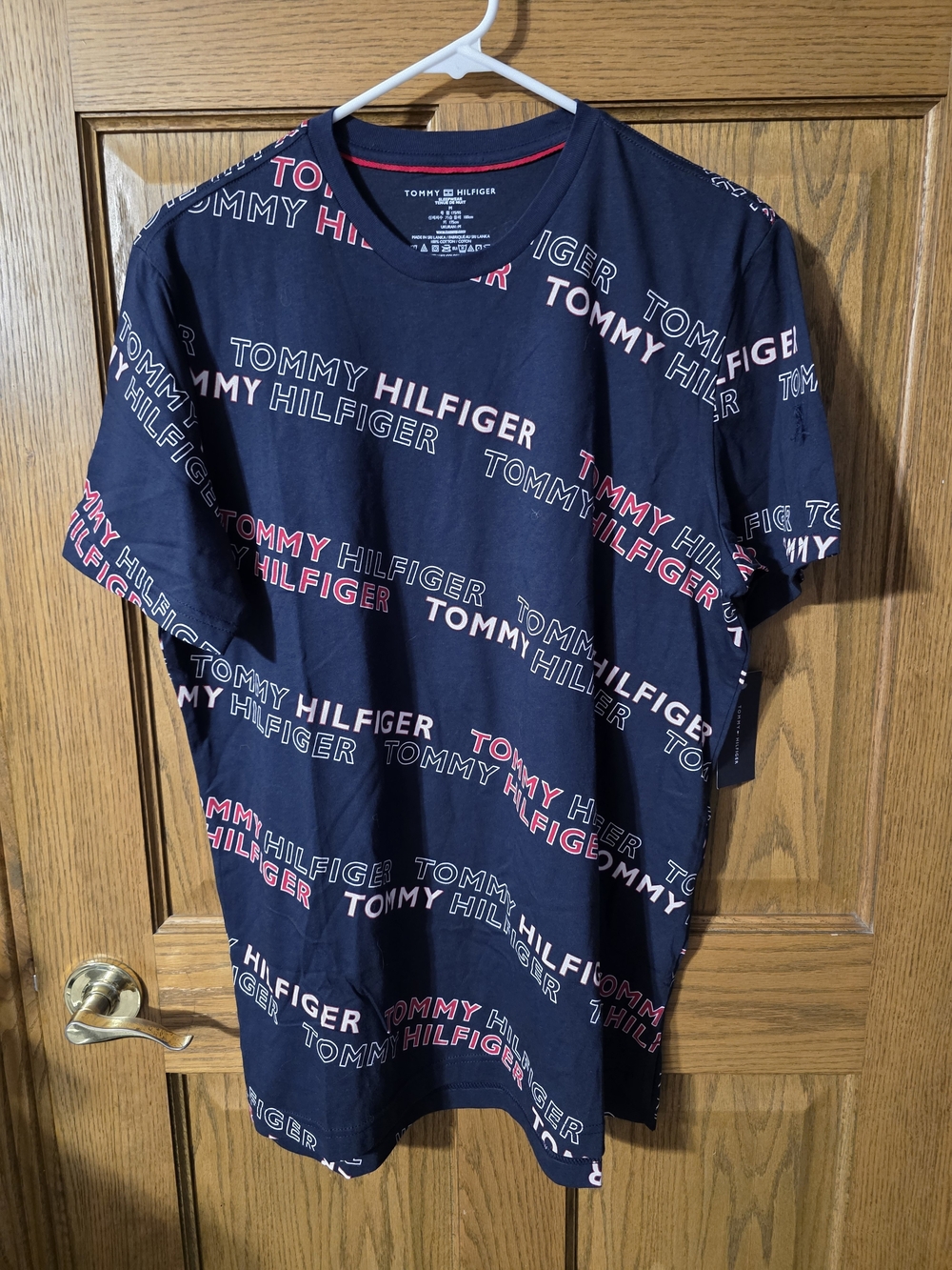 Tommy Hilfiger Navy Allover Logo Short Sleeve Tee with Red & White Accents